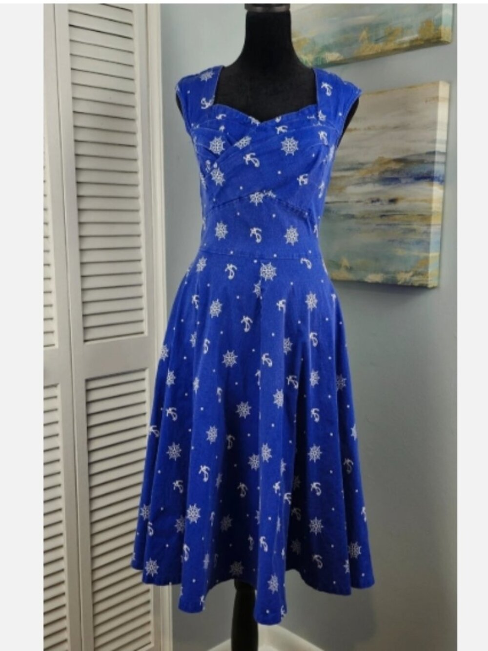 MUXXN Boutique Dress S Royal Blue Nautical Anchors Fit Flare Sailor Pin Up Retro